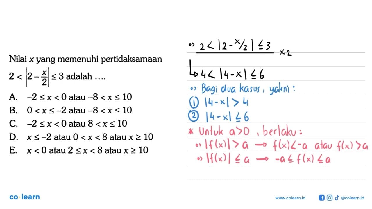 Nilai x vang memenuhi pertidaksamaan 2 < | 2 - x/2 | <= 3