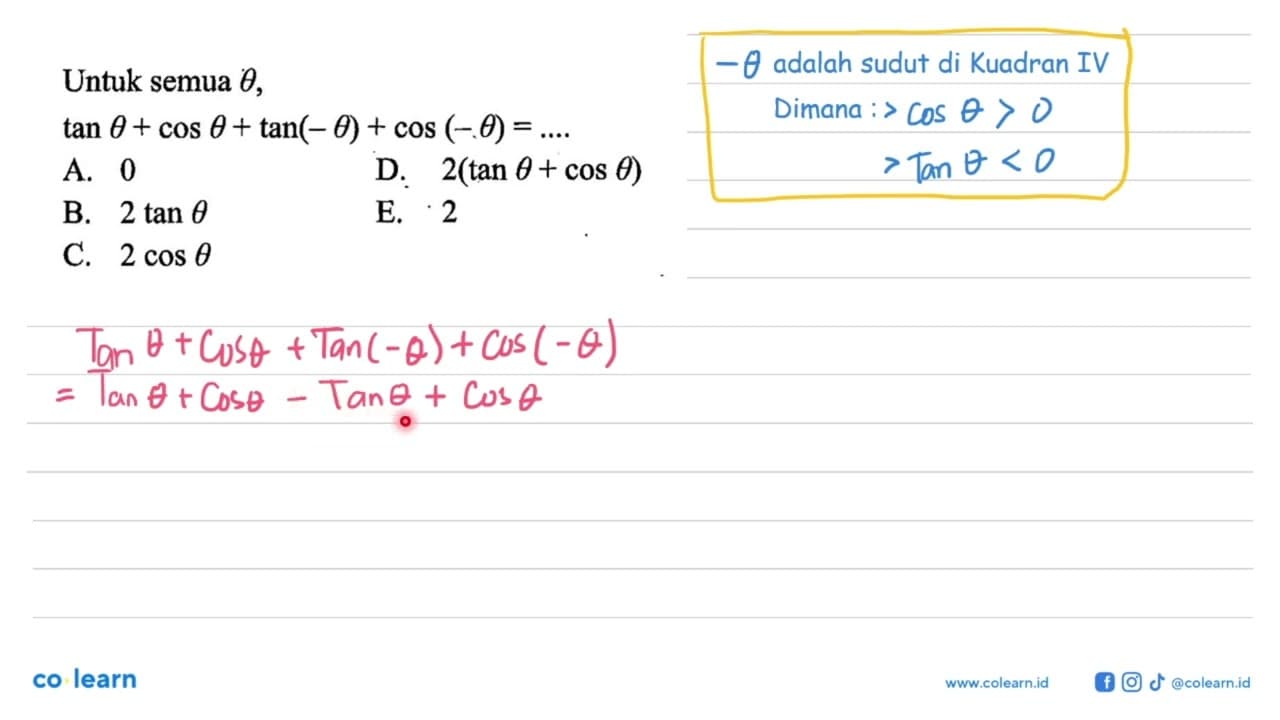 Untuk semua theta, tan theta+cos theta+tan (-theta)+cos