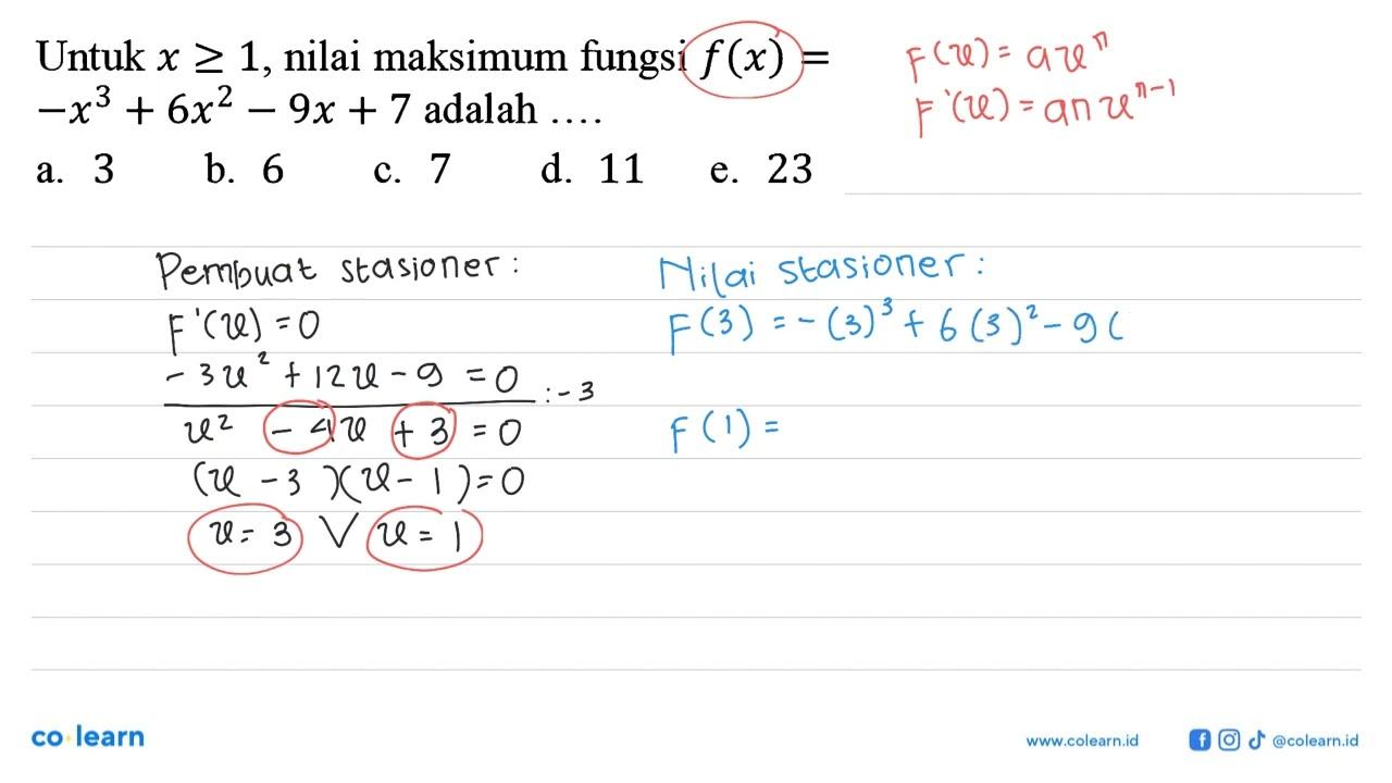 Untuk x >= 1, nilai maksimum fungsi f(x) = -x^3 + 6x^2 - 9x