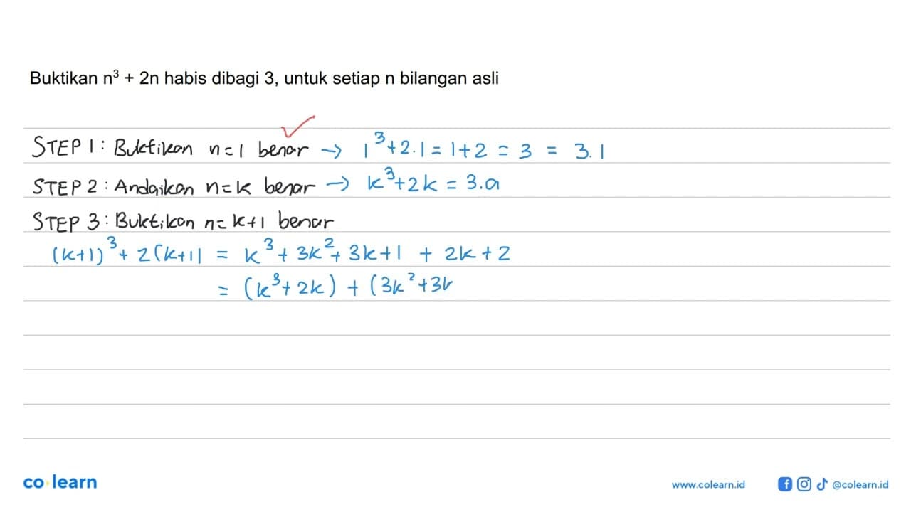 Buktikan n^3+2n akan habis dibagi 3, untuk masing-masing n