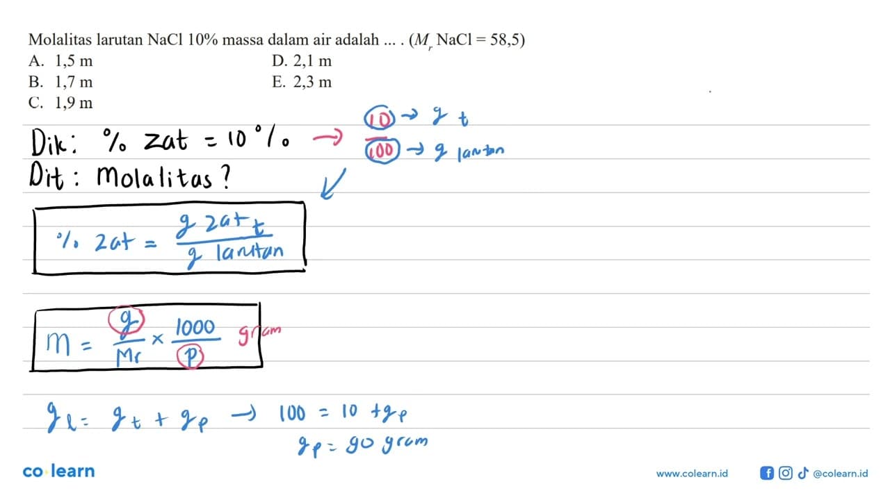 Molalitas larutan NaCl 10% massa dalam air adalah .... (Mr