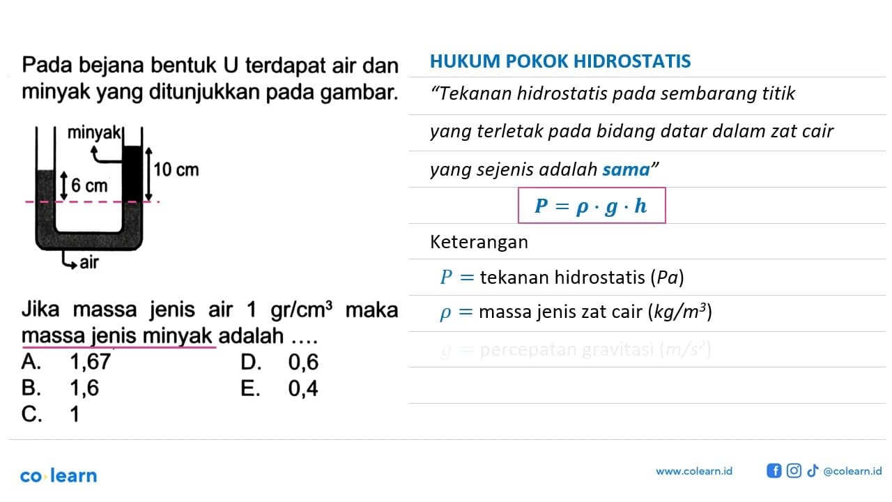 Pada bejana bentuk U terdapat air dan minyak yang