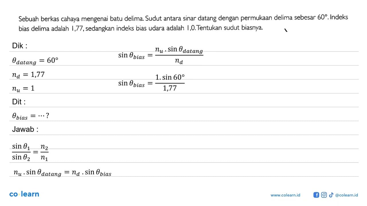 Sebuah berkas cahaya mengenai batu delima. Sudut antara