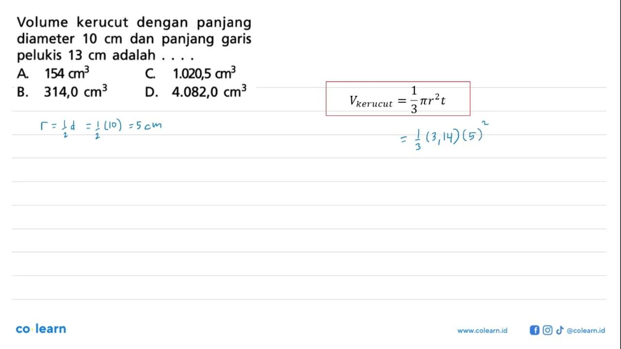 Volume kerucut dengan panjang diameter 10 cm dan panjang