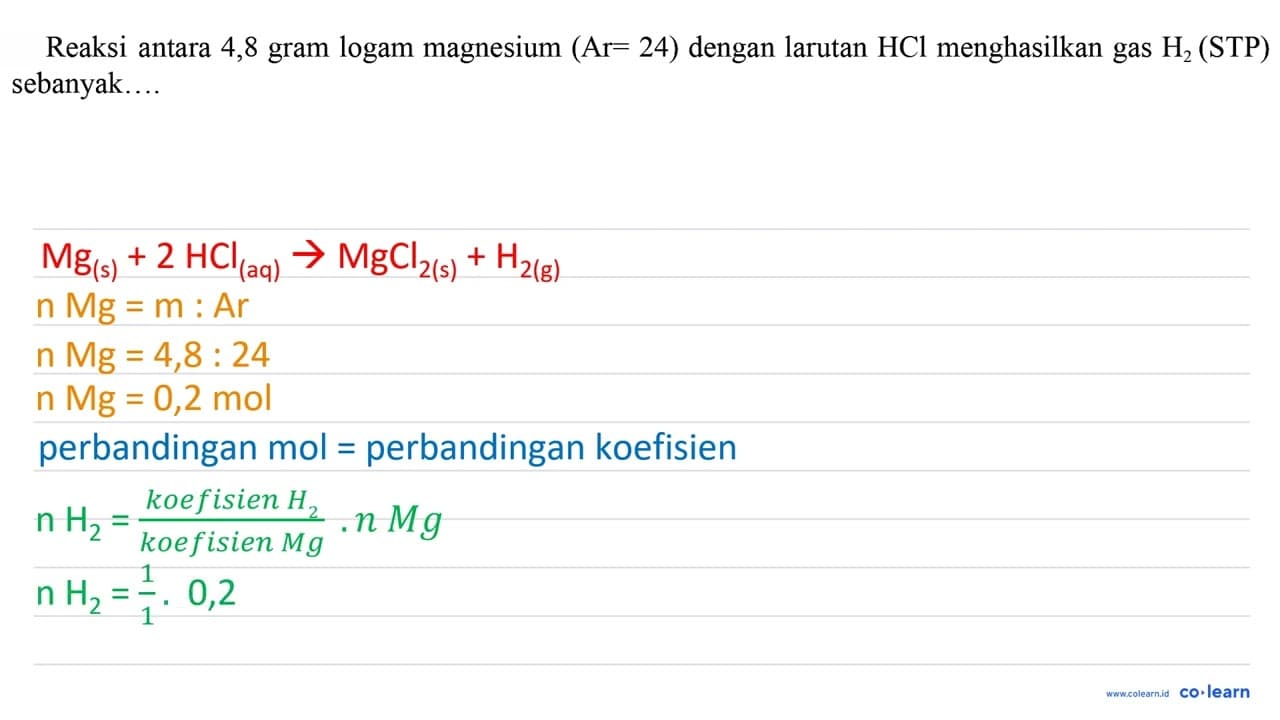 Reaksi antara 4,8 gram logam magnesium (Ar=24) dengan