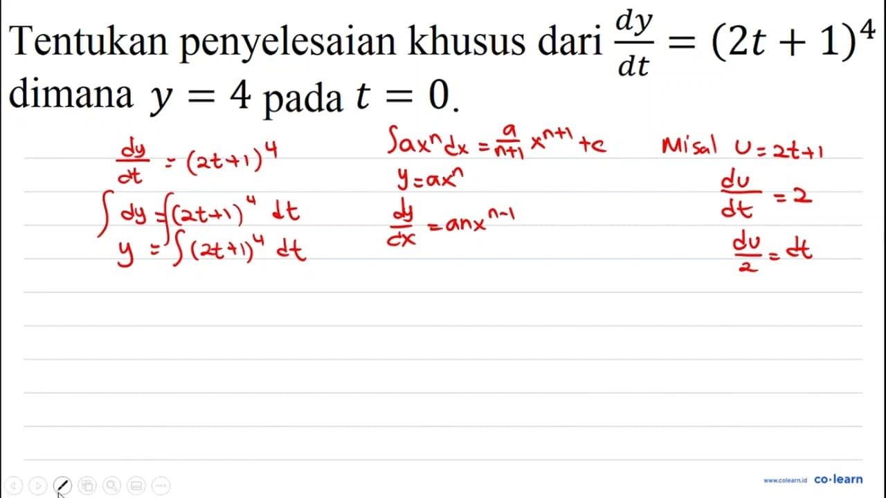 Tentukan penyelesaian khusus dari (d y)/(d t)=(2 t+1)^(4)