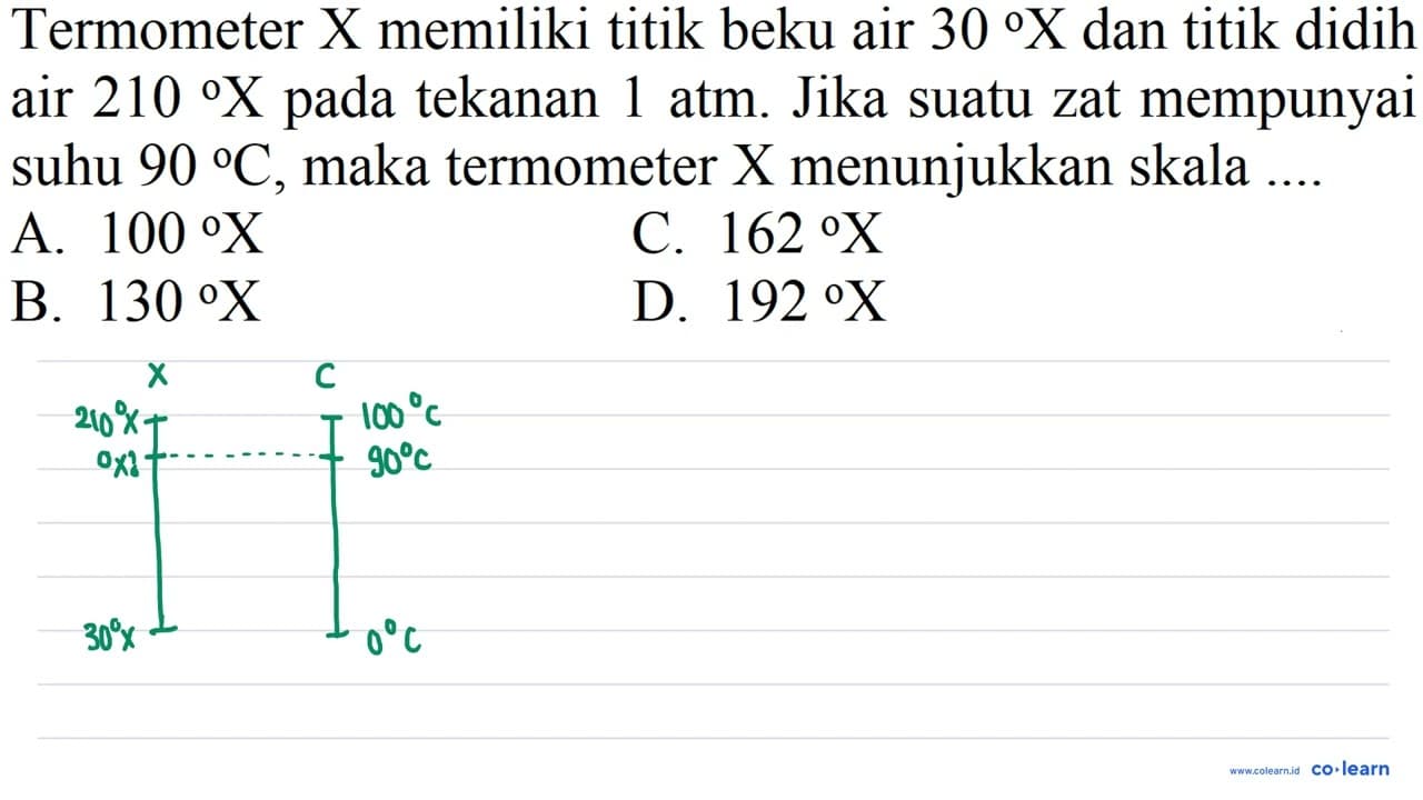 Termometer X memiliki titik beku air 30 X dan titik didih