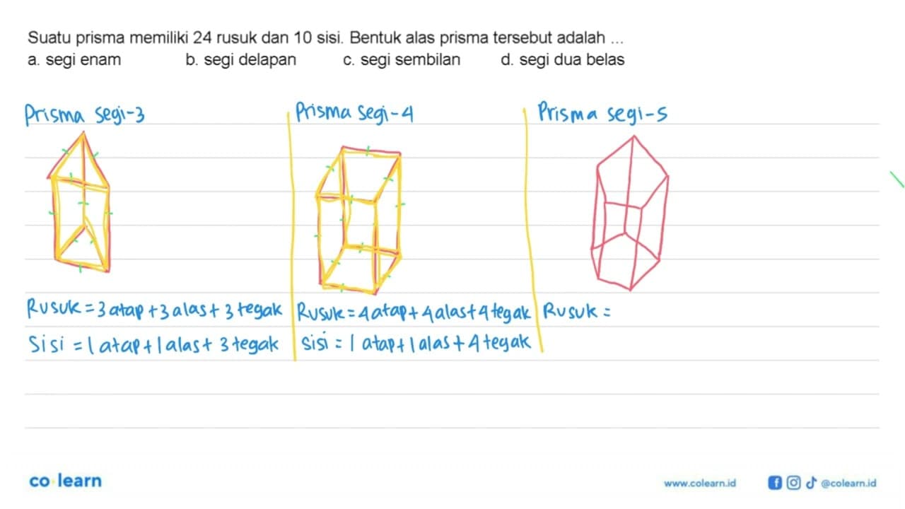 Suatu prisma memiliki 24 rusuk dan 10 sisi. Bentuk alas