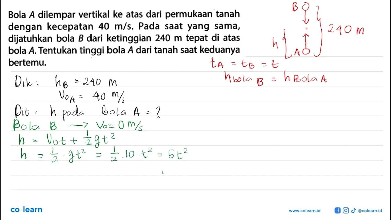 Bola A dilempar vertikal ke atas dari permukaan tanah