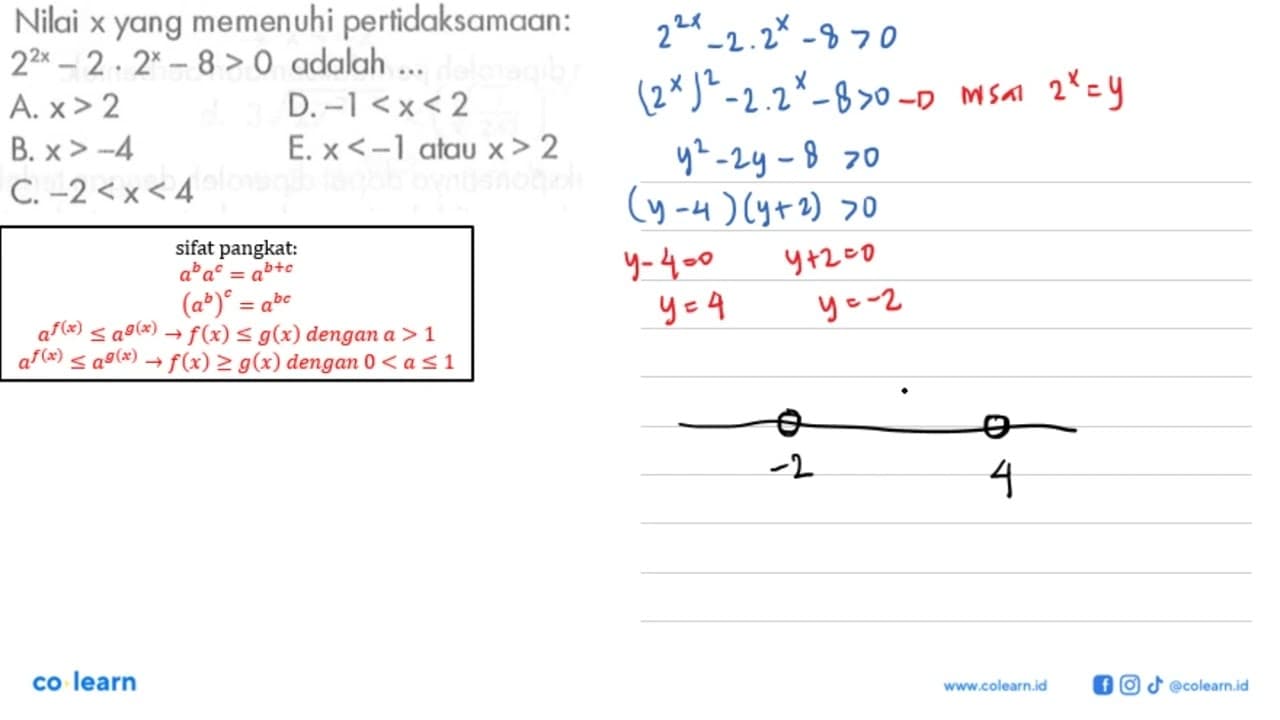 Nilai x yang memenuhi pertidaksamaan: 2^2x-2.2^x-8>0 adalah