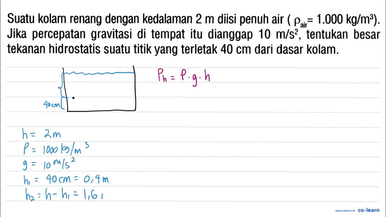 Suatu kolam renang dengan kedalaman 2 m diisi penuh air