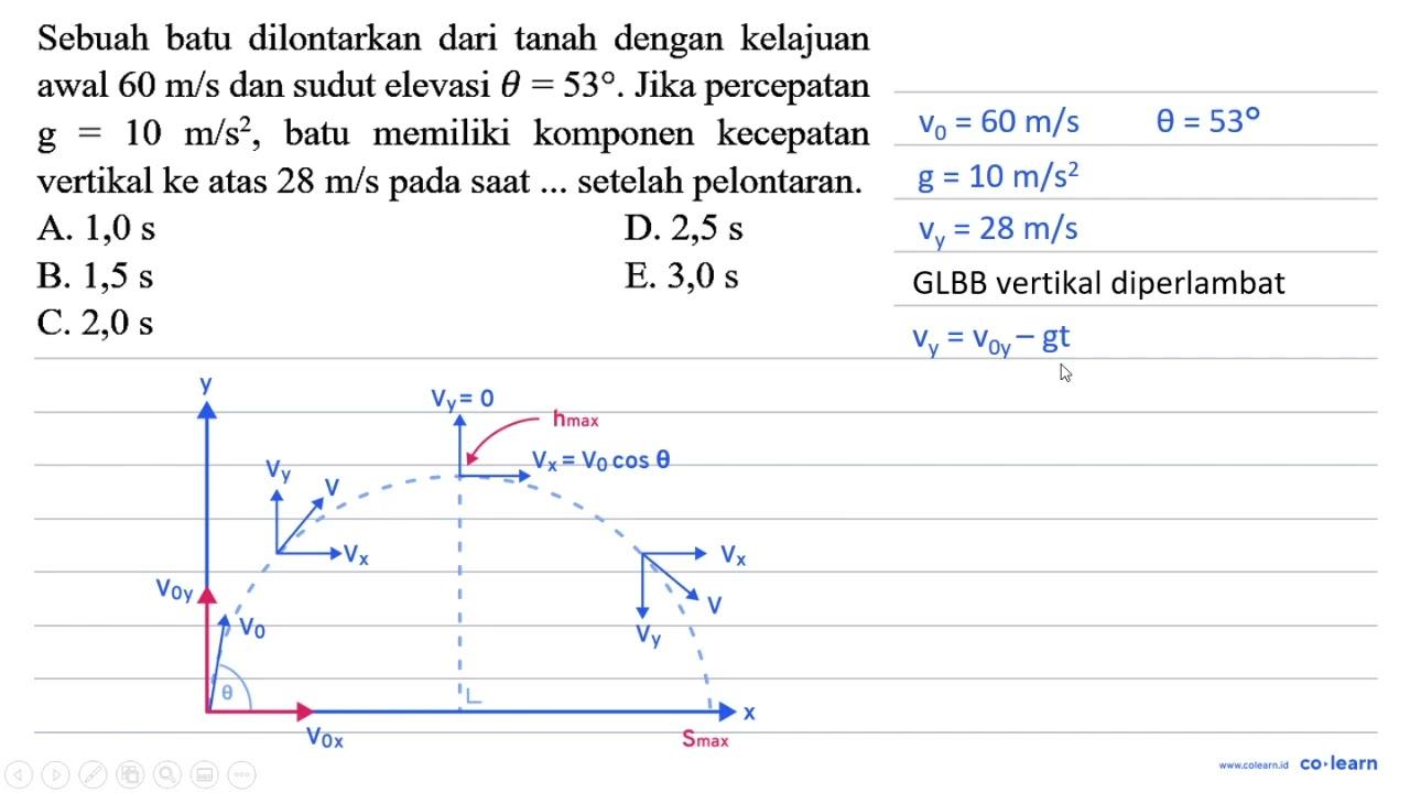 Sebuah batu dilontarkan dari tanah dengan kelajuan awal 60