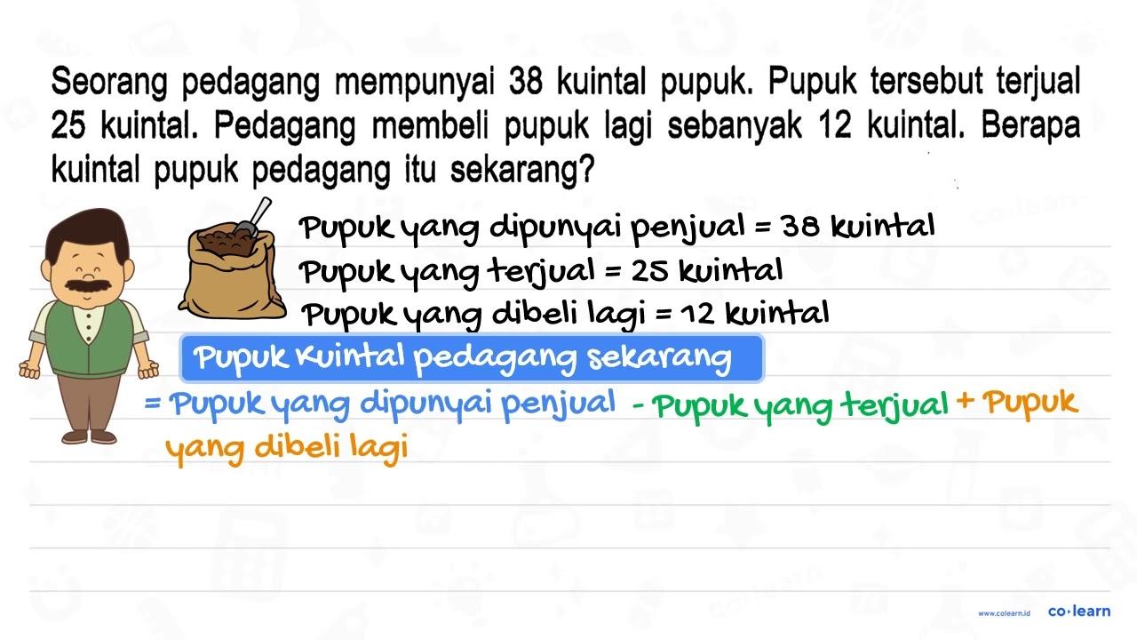 Seorang pedagang mempunyai 38 kuintal pupuk. Pupuk tersebut