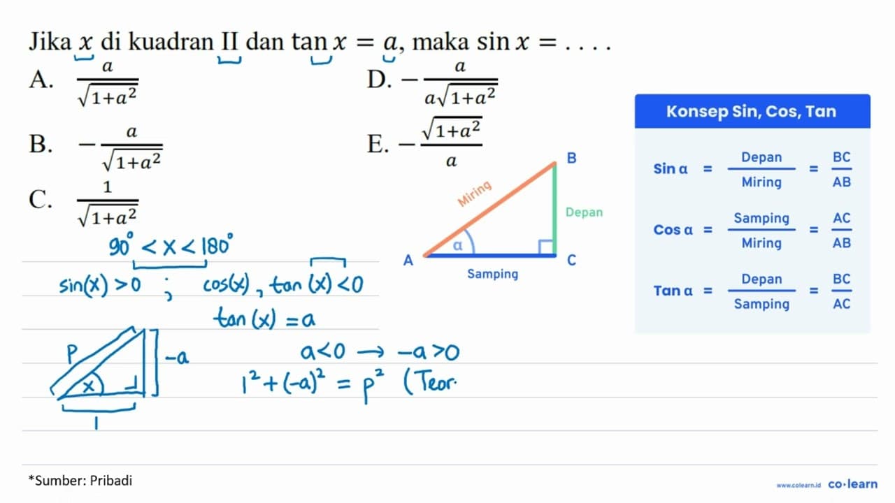 Jika x di kuadran II dan tan x=a, maka sin x = ....