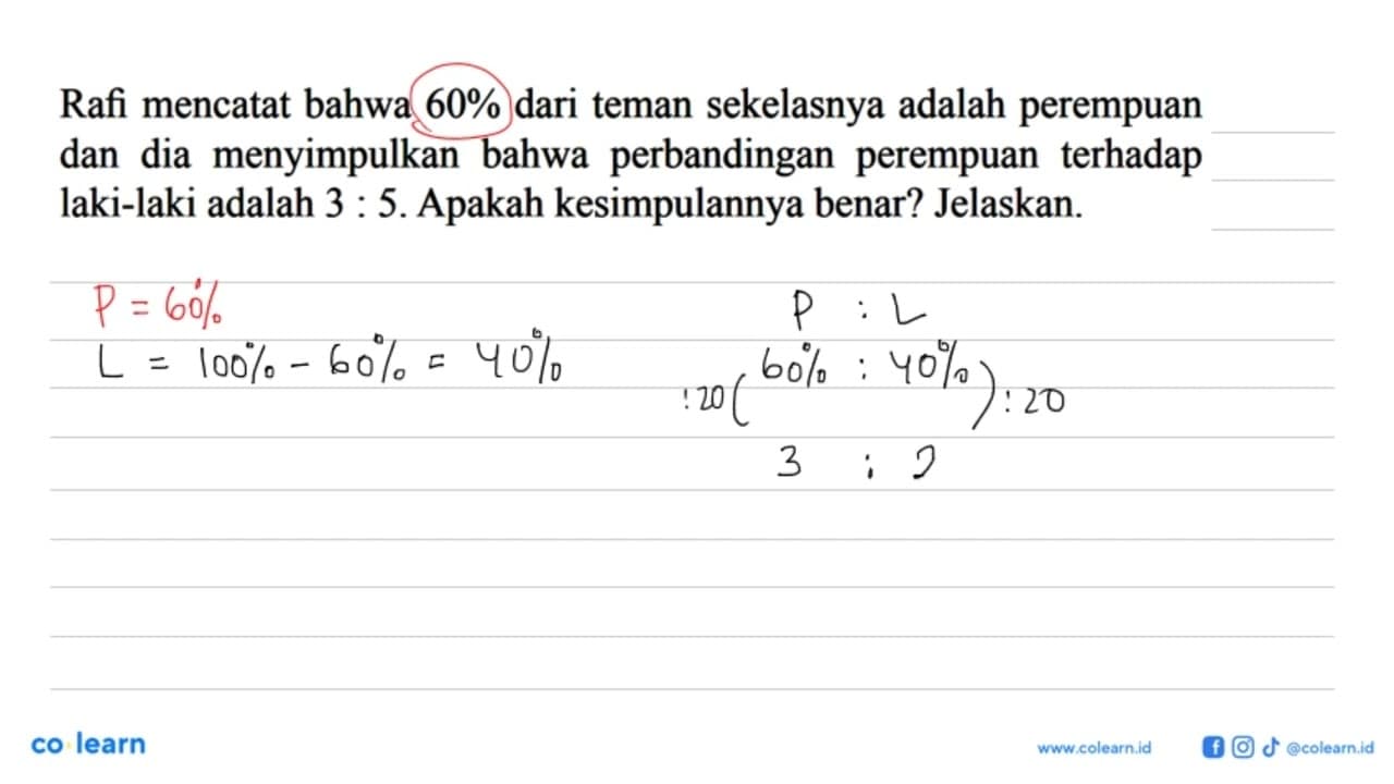 Rafi mencatat bahwa 60% dari teman sekelasnya adalah