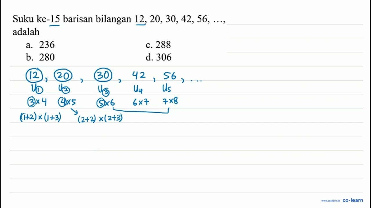 Suku ke-15 barisan bilangan 12,20,30,42,56, ... , adalah a.