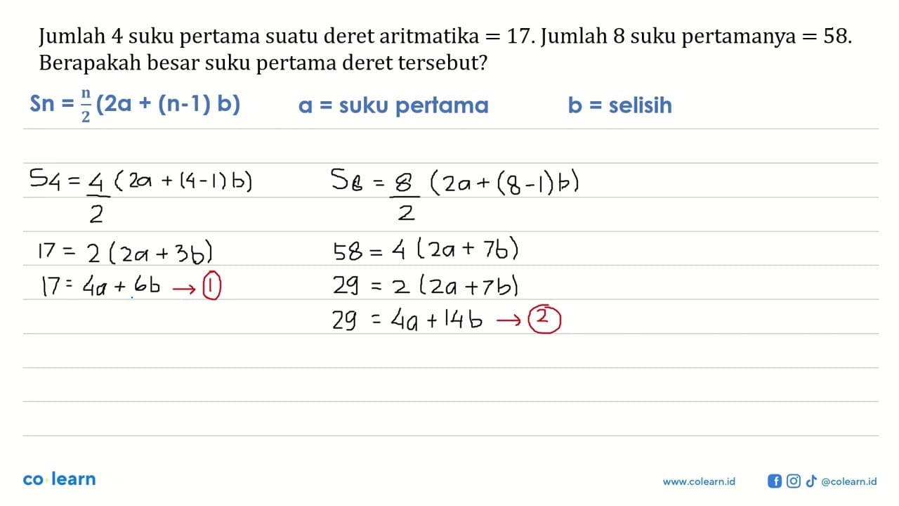 Jumlah 4 suku pertama suatu deret Aritmatika =17. Jumlah 8