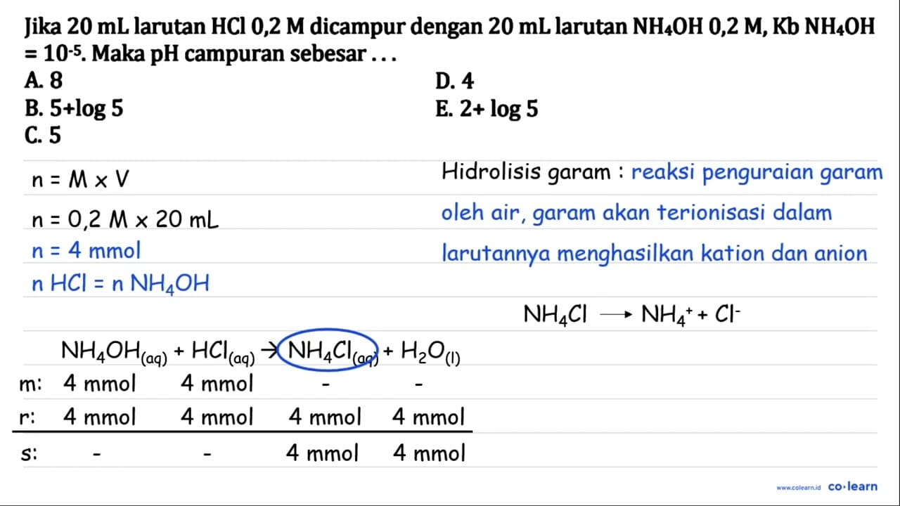 Jika 20 mL larutan HCl 0,2 M dicampur dengan 20 mL larutan