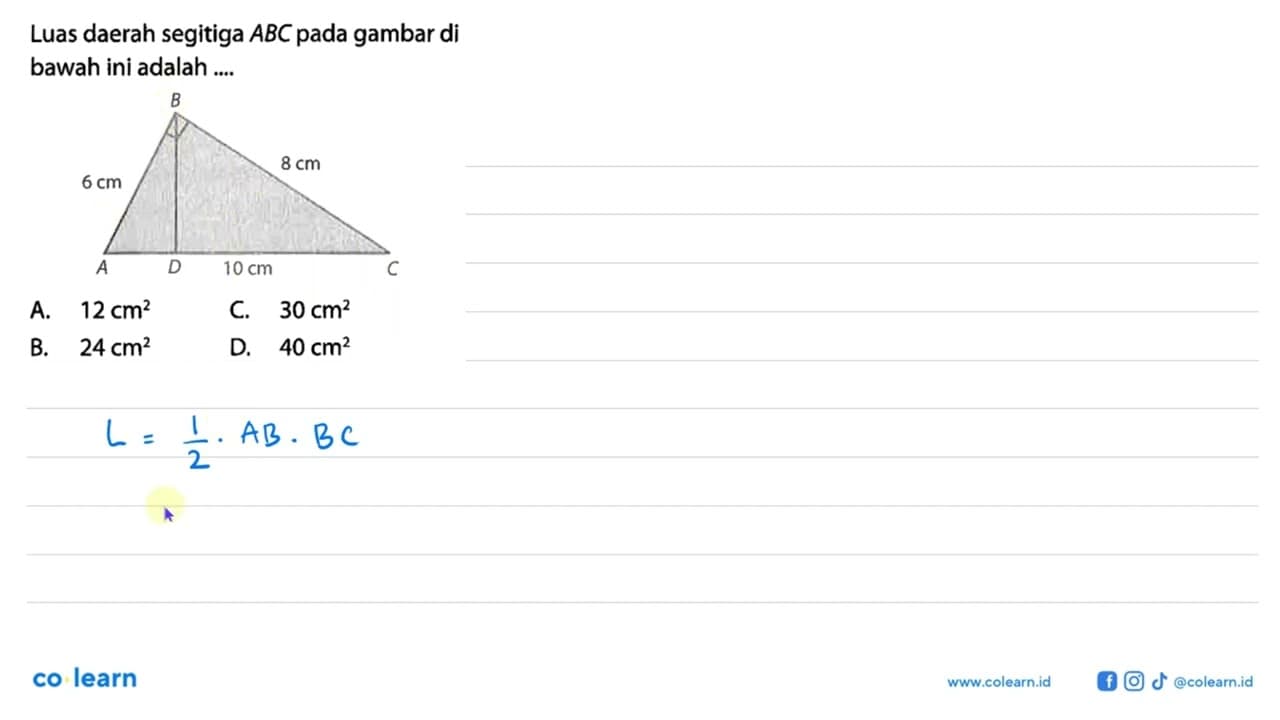 Luas daerah segitiga ABC pada gambar di bawah ini adalah