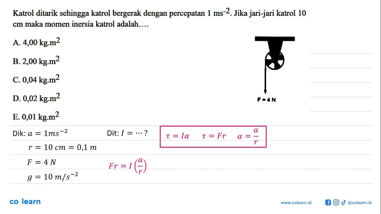 Katrol ditarik sehingga katrol bergerak dengan percepatan 1