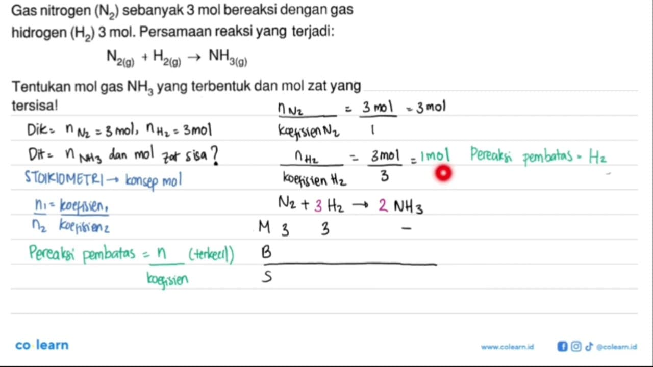 Gas nitrogen (N/2) sebanyak 3 mol bereaksi dengan gas