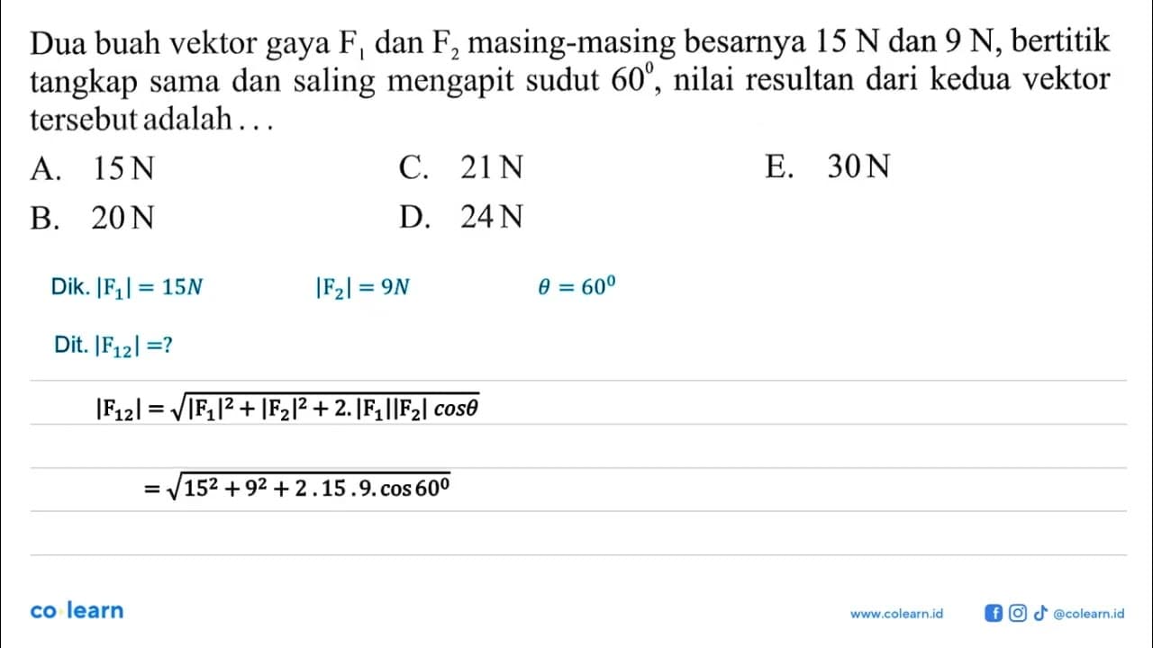 Dua buah vektor gaya F1 dan F2 masing-masing besarnya 15 N