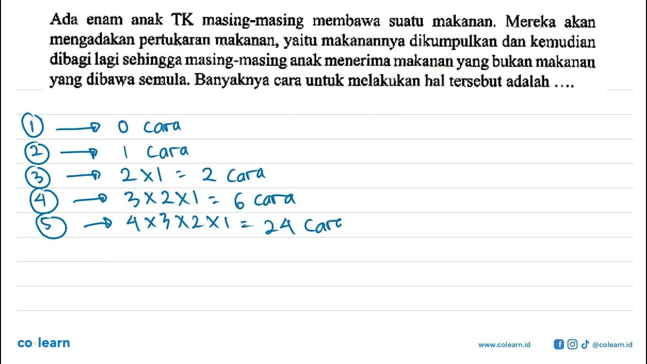 Ada enam anak TK masing-masing membawa suatu makanan.