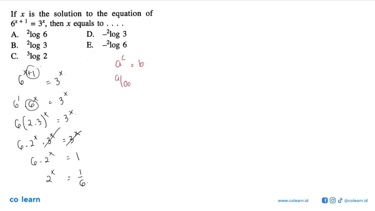 If x is the solution to the equation of 6^(x+1)=3^x, then x