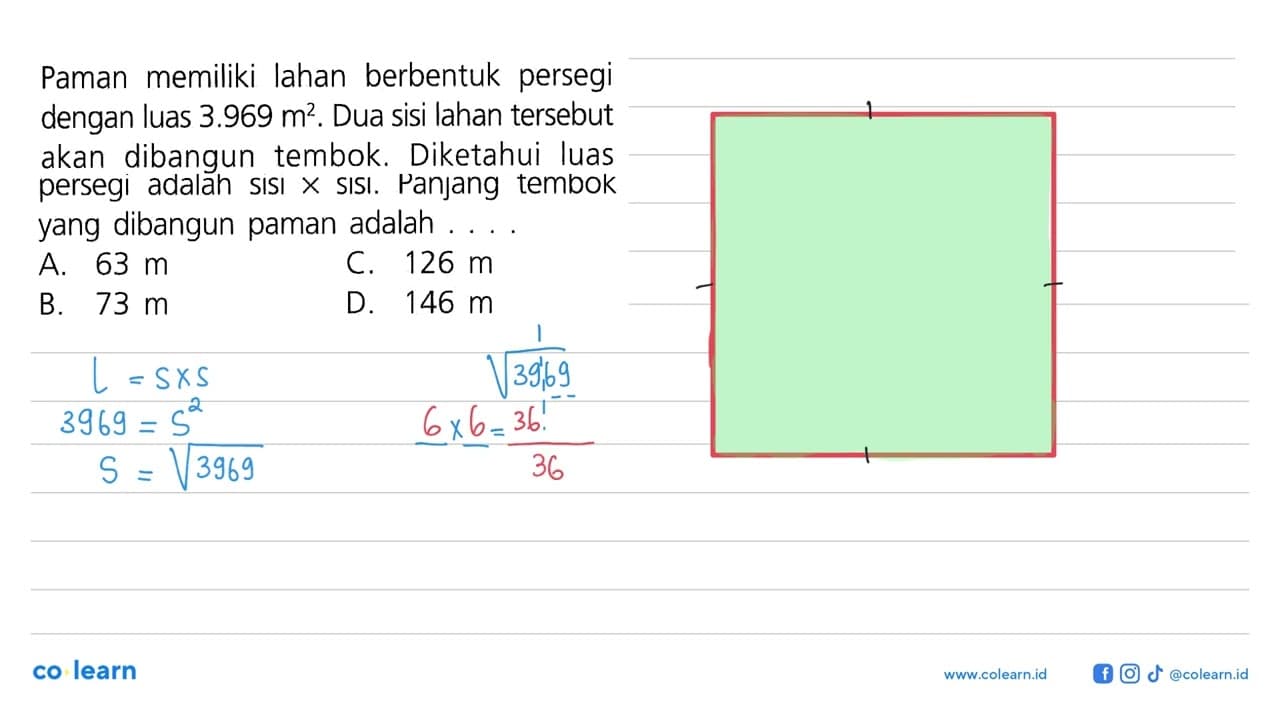 Paman memiliki lahan berbentuk persegi dengan luas 3.969