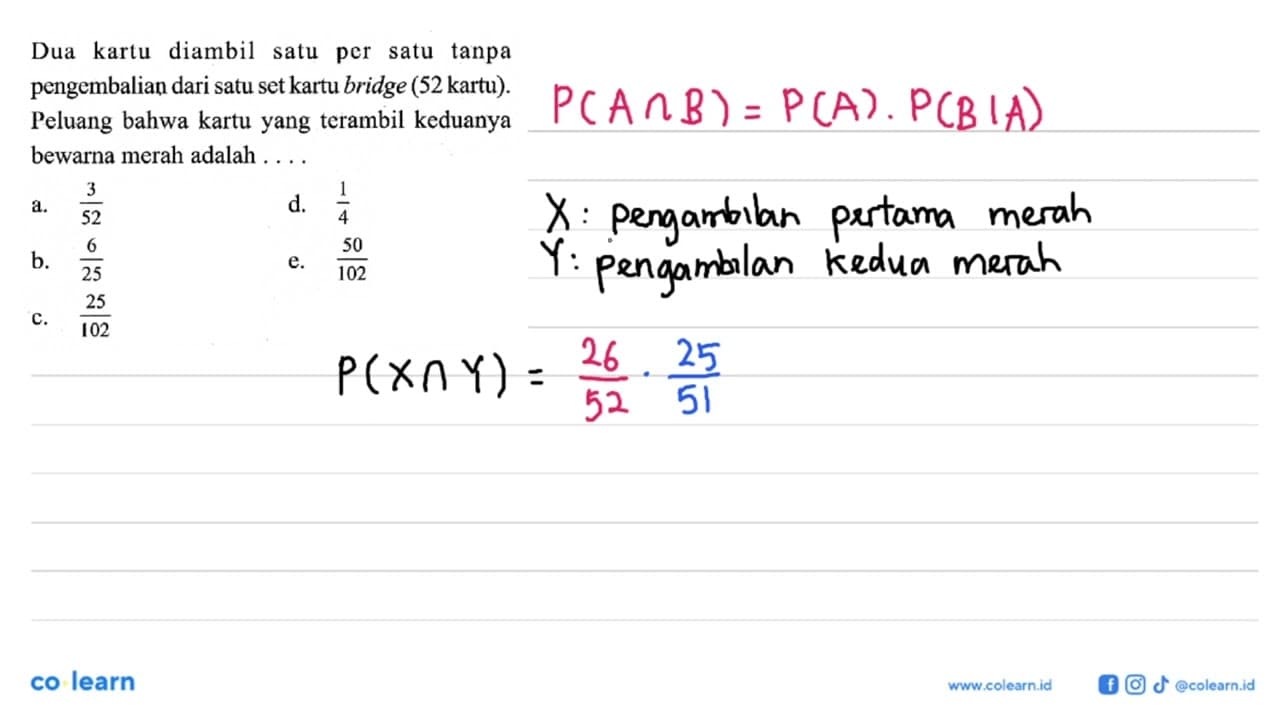 Dua kartu diambil satu per satu tanpa pengembalian dari