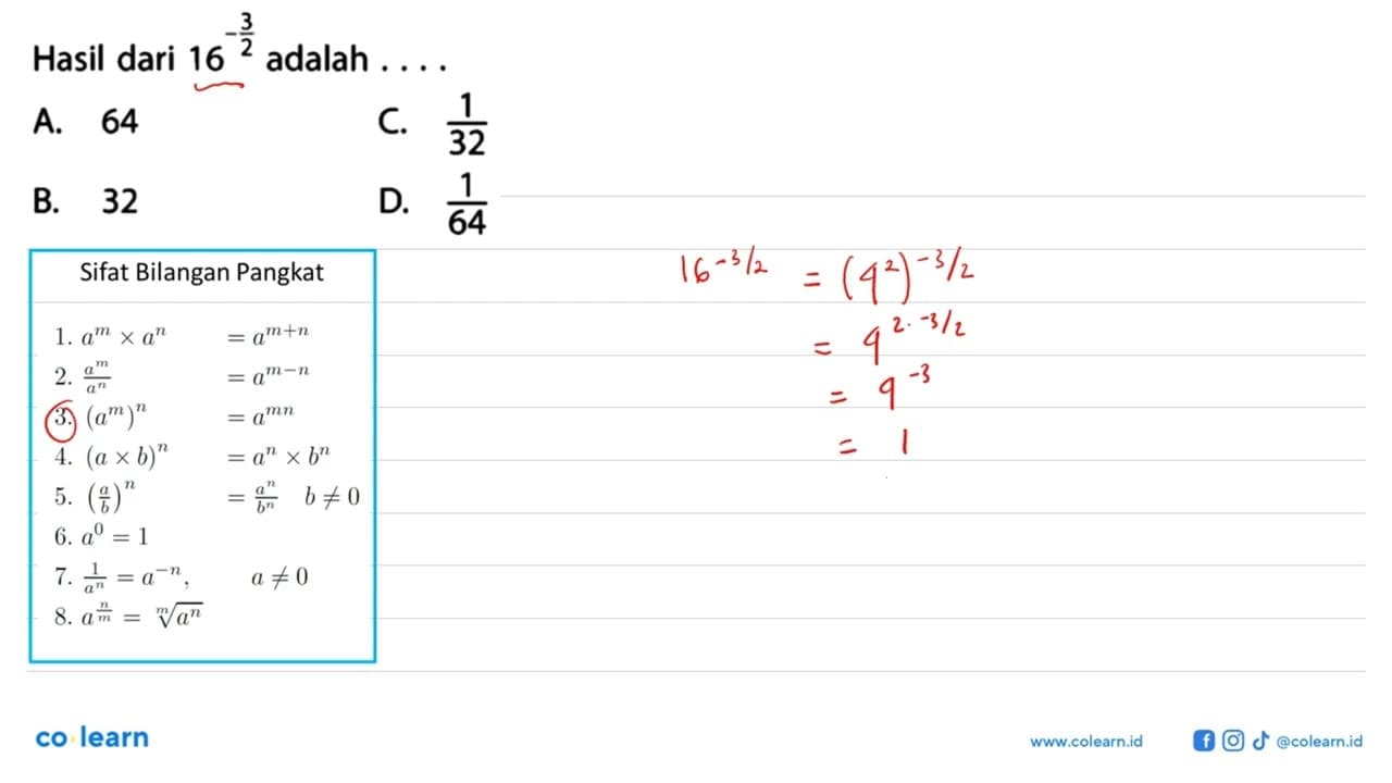 Hasil dari 16^(-3/2) adalah...