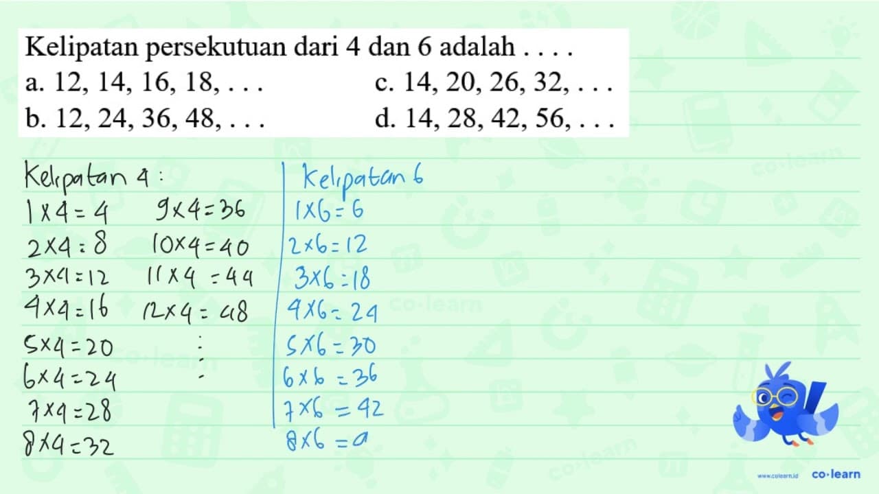 Kelipatan persekutuan dari 4 dan 6 adalah ... a.