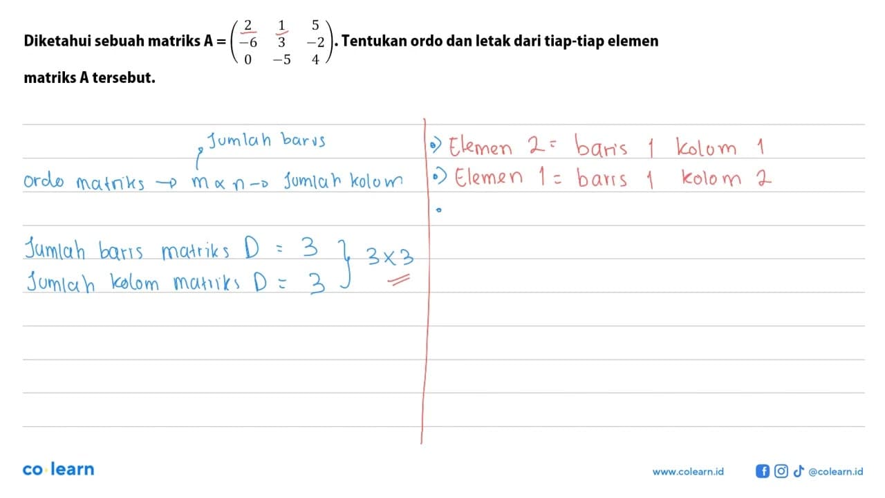 Diketahui sebuah matriks A=(2 1 5 -6 3 -2 0 -5 4). Tentukan