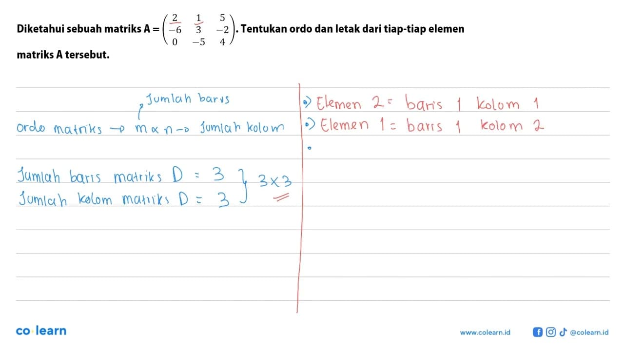 Diketahui sebuah matriks A=(2 1 5 -6 3 -2 0 -5 4). Tentukan