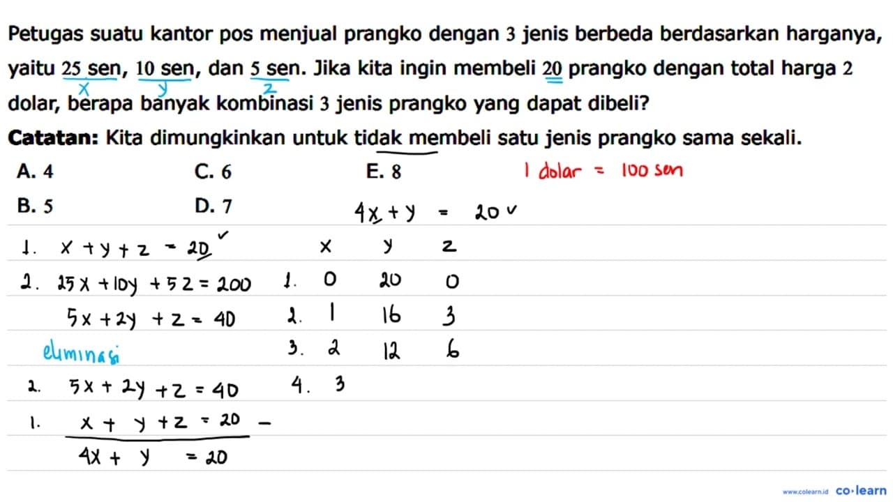 Petugas suatu kantor pos menjual prangko dengan 3 jenis