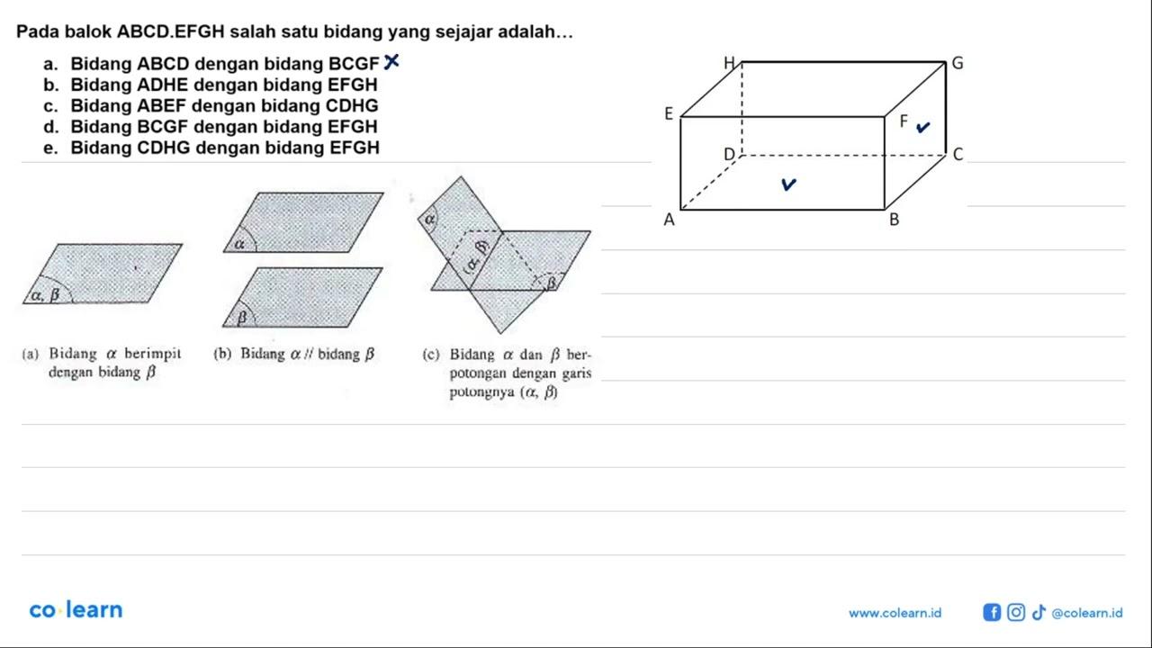 Pada balok ABCD.EFGH salah satu bidang yang sejajar