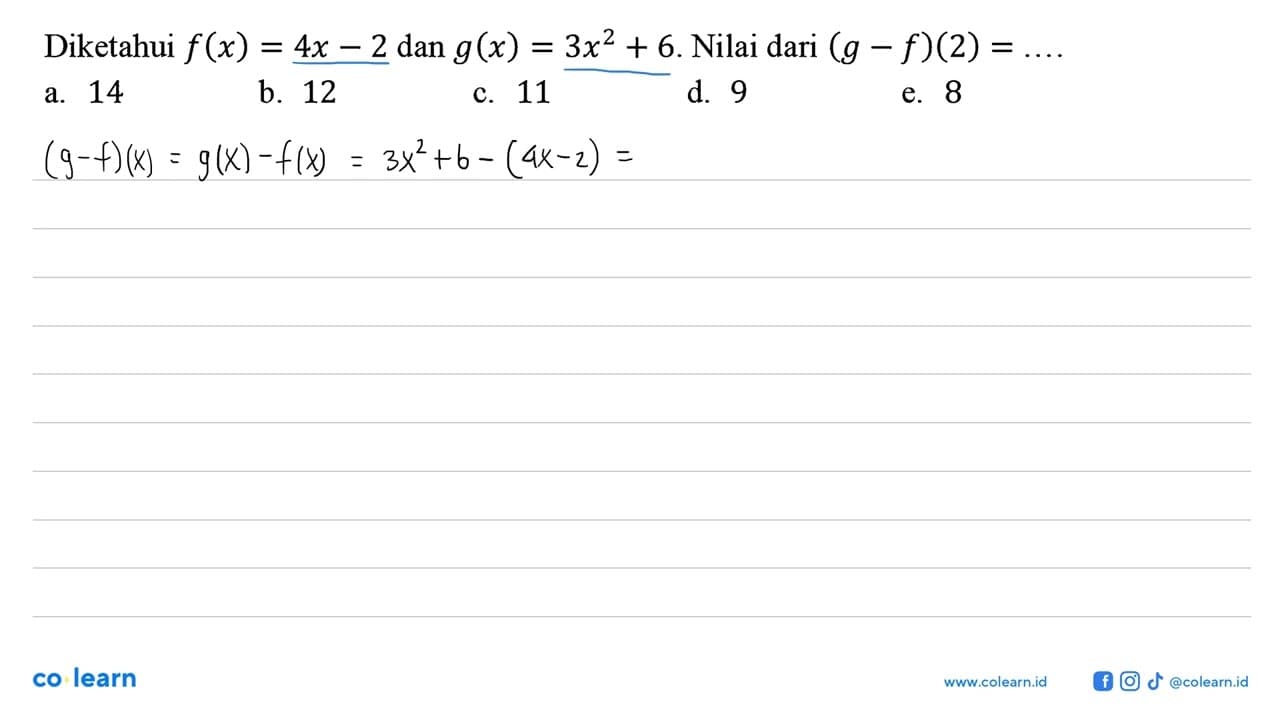 Diketahui f(x)=4x-2 dan g(x)=3x^2+6. Nilai dari