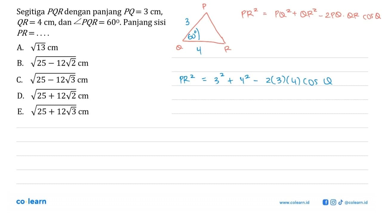 Segitiga PQR dengan panjang PQ=3 cm, QR=4 cm, dan sudut