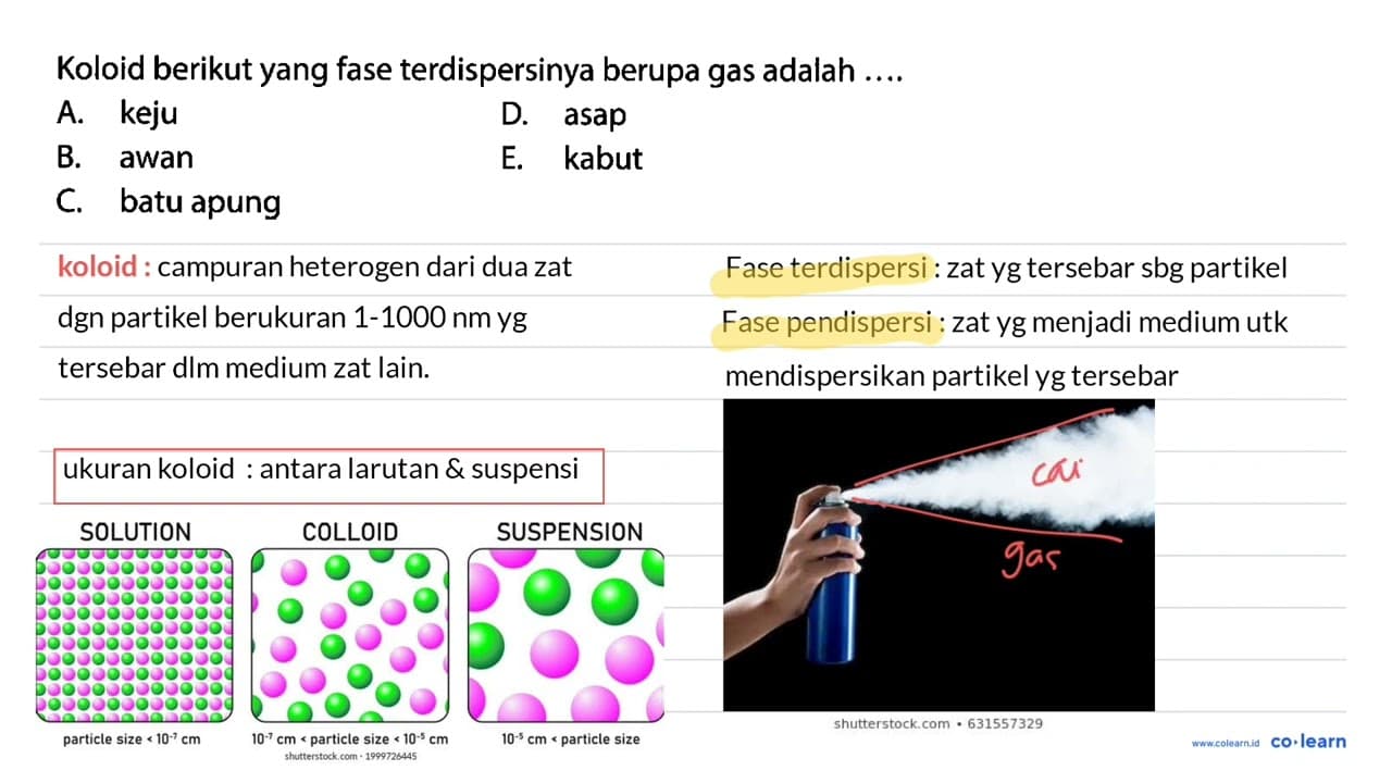 Koloid berikut yang fase terdispersinya berupa gas adalah