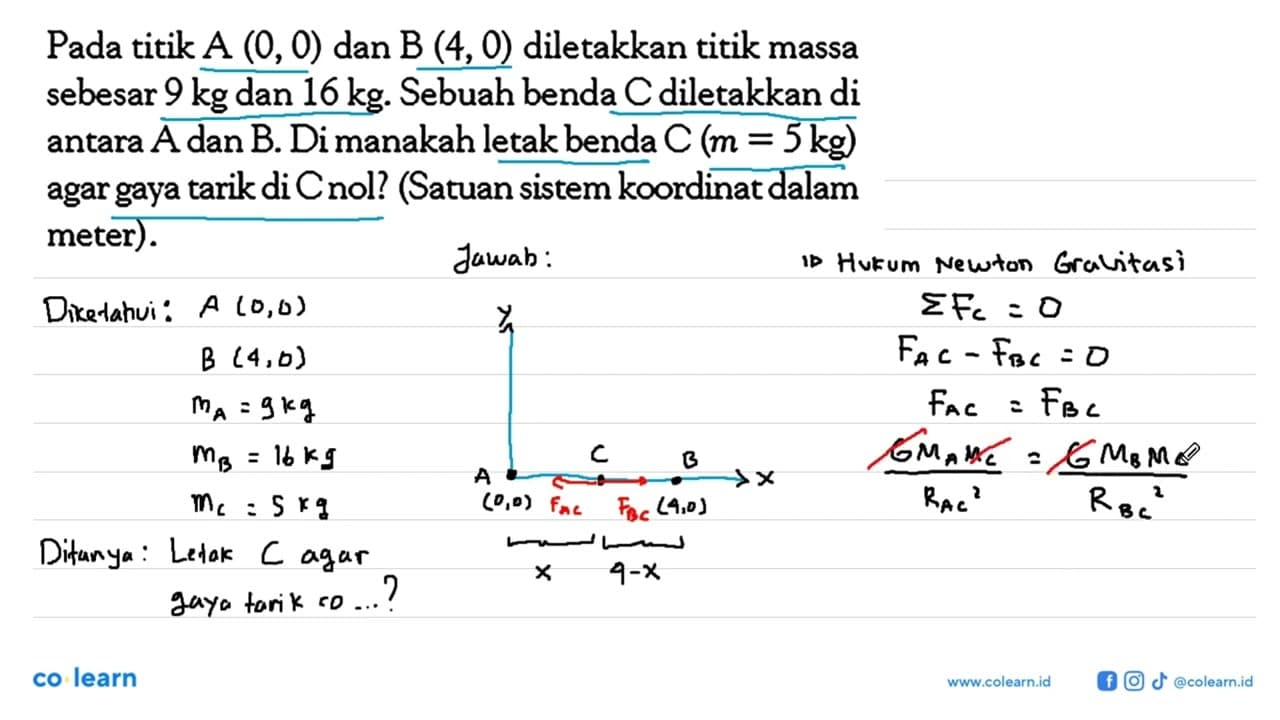 Pada titik A(0,0) dan B(4,0) diletakkan titik massa sebesar