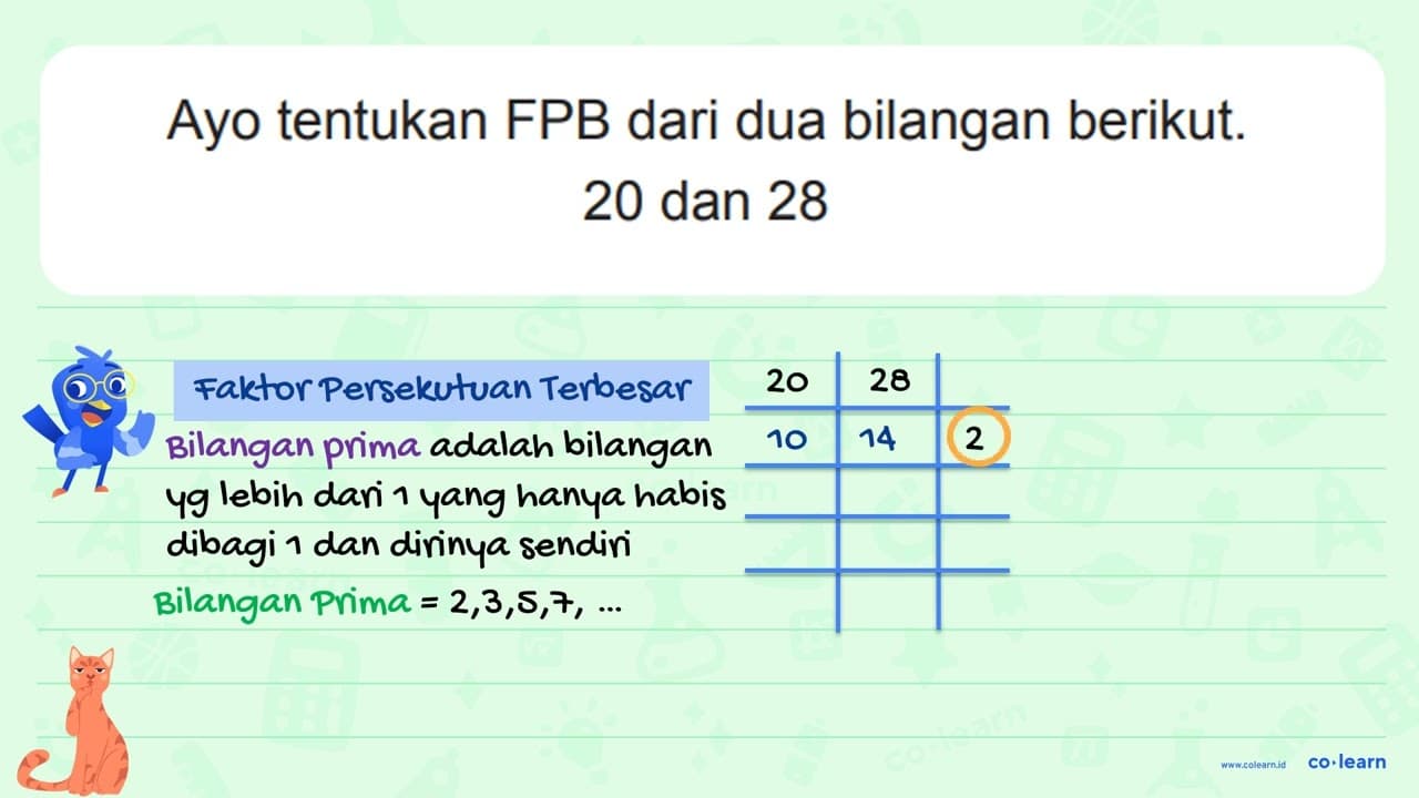 Ayo tentukan FPB dari dua bilangan berikut. 20 { dan ) 28