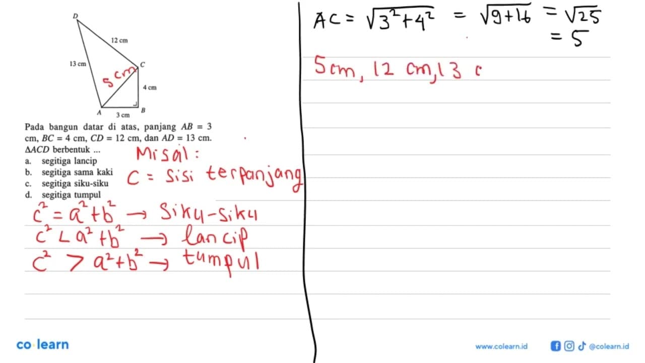 D 13 cm 12 cm C 4 cm A 3 cm B Pada bangun datar di atas,