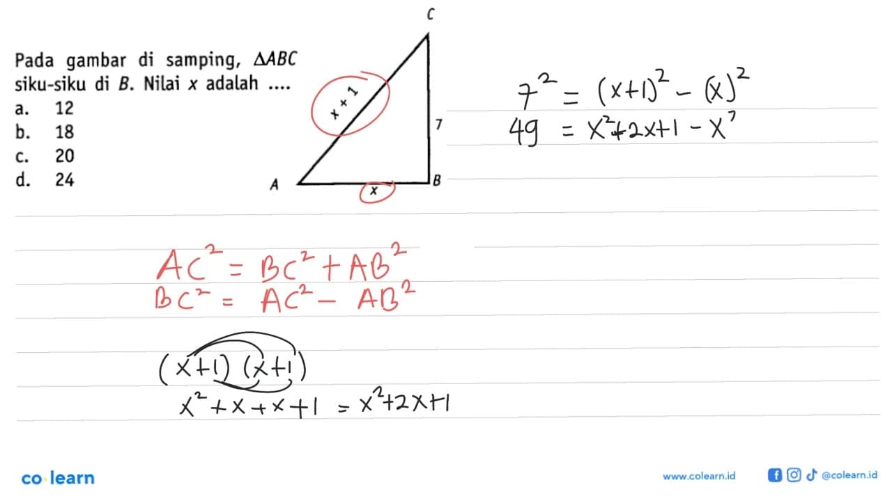 Pada gambar di samping, segitiga ABC siku-siku di B. Nilai