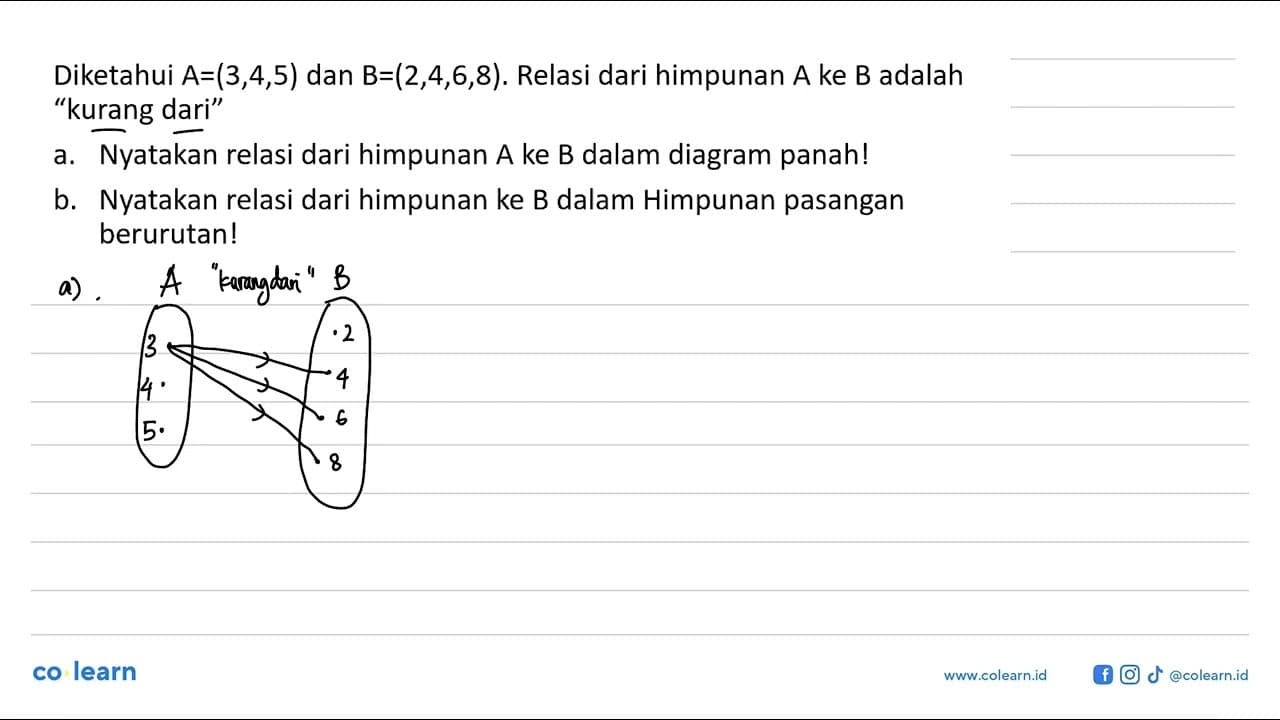 Diketahui A = (3,4,5) dan B = (2,4,6,8). Relasi dari