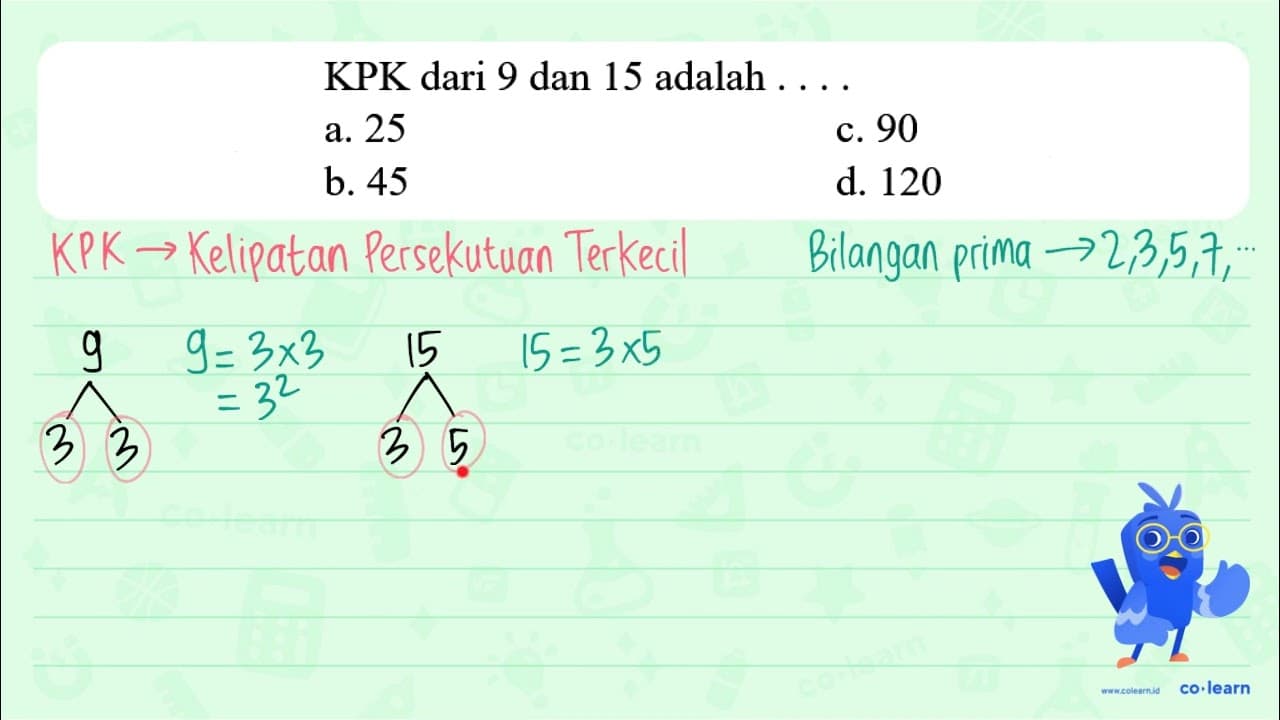 KPK dari 9 dan 15 adalah .... a. 25 c. 90 b. 45 d. 120