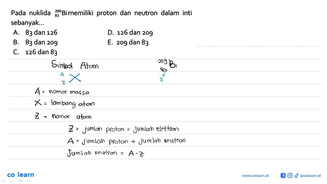 Pada nuklida 209 83 Bi memiliki proton dan neutron dalam