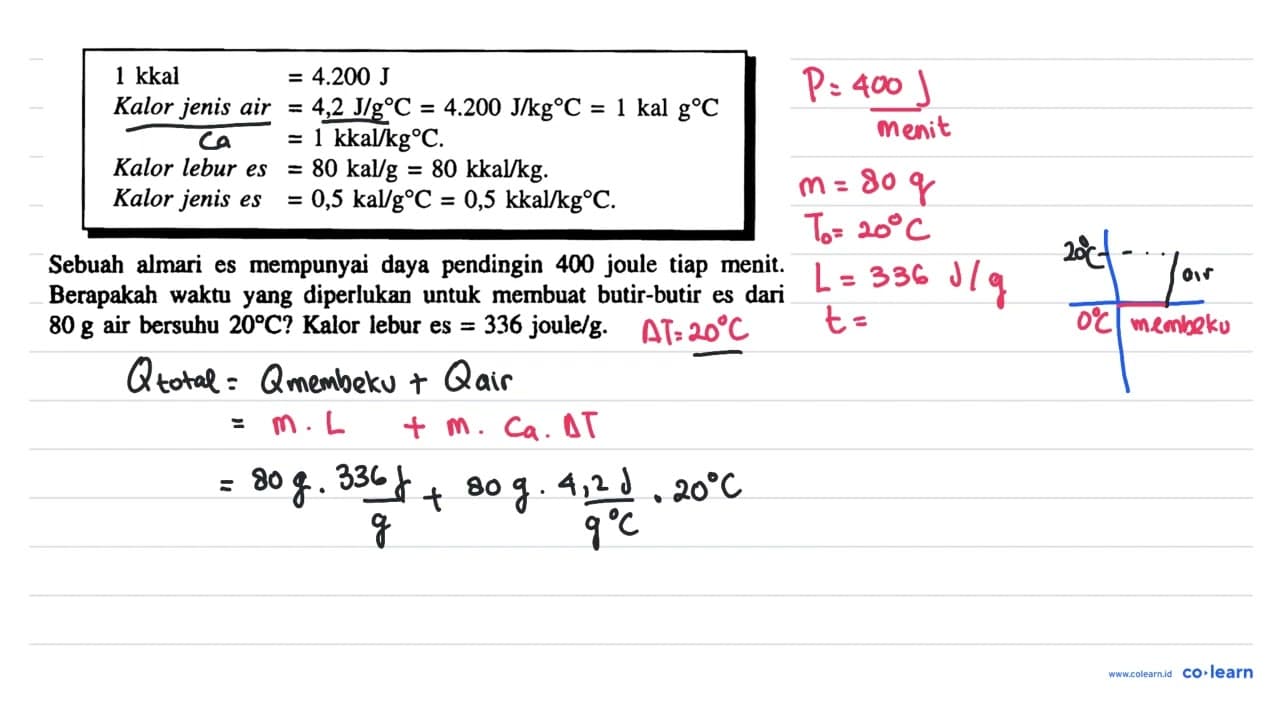 =4.200 J Kalor jenis air =4,2 J / g C=4.200 J / kg C=1 kal