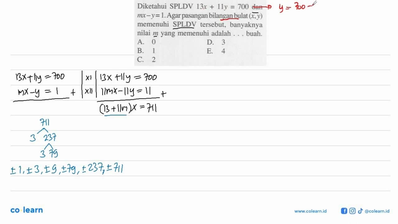 Diketahui SPLDV 13x+11y=700 dan mx-y=1. Agar pasangan