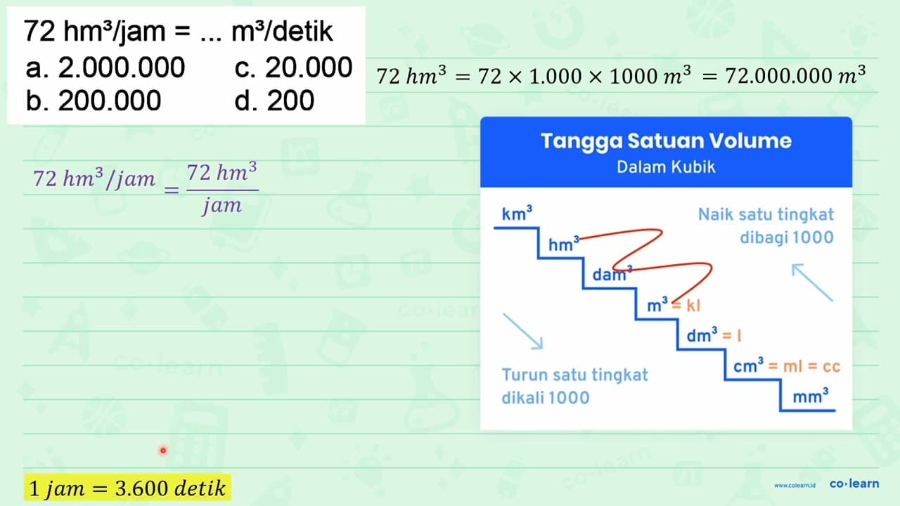 72 hm^(3) / jam=... m^(3) / detik a. 2.000 .000 c. 20.000