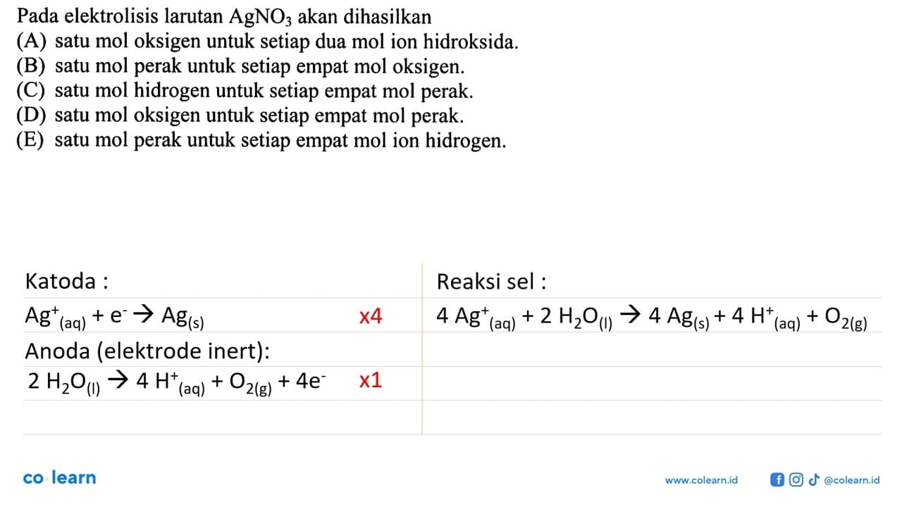 Pada elektrolisis larutan AgNO3 akan dihasilkan (A) satu